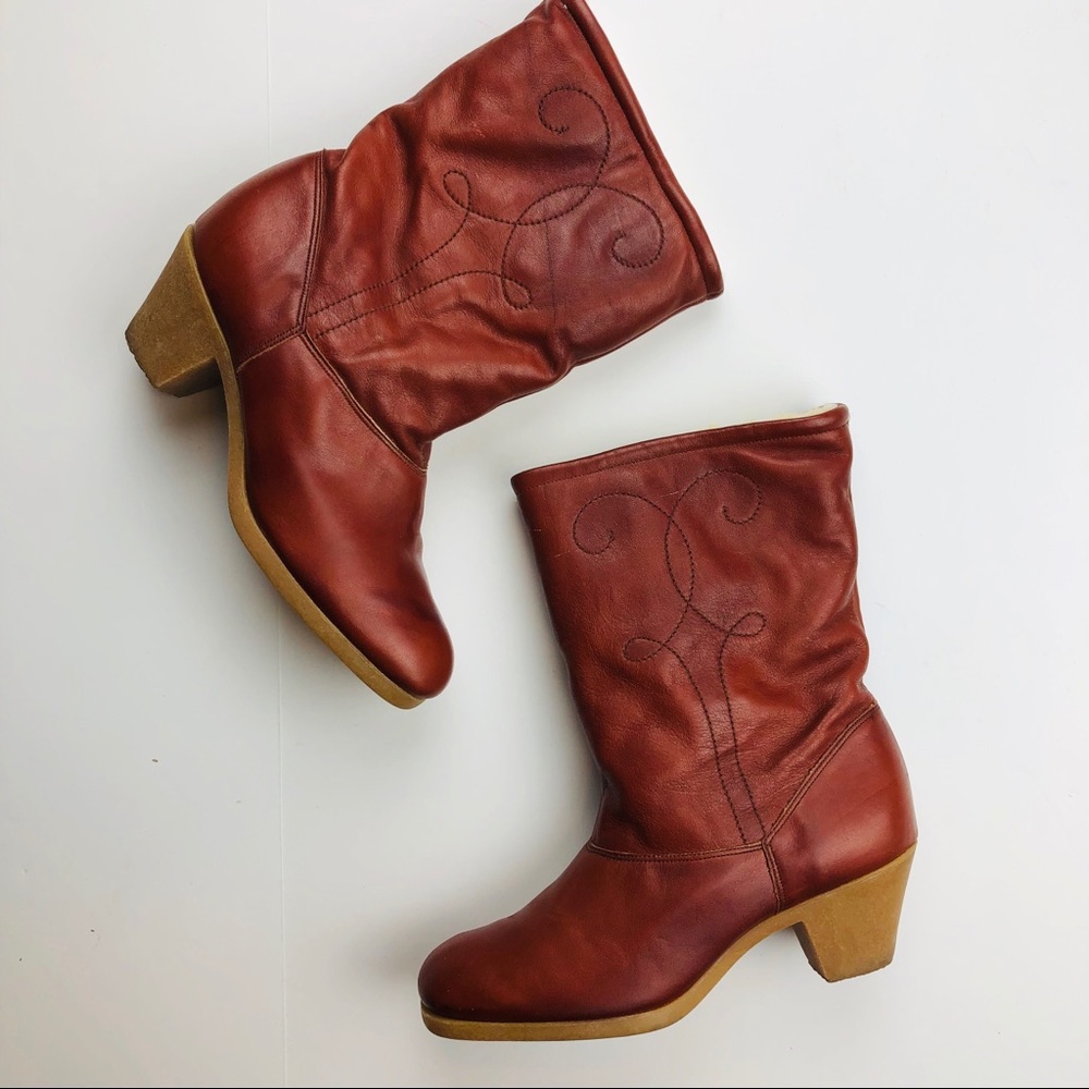 Vintage brown leather western Sherpa ankle boot